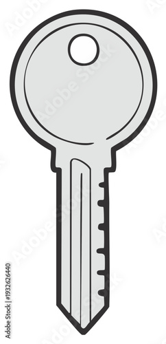 Illustration of a Silver Door Key with Hole for Keychain Ring and Black Outline