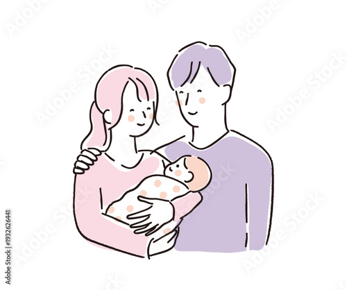 子育てを楽しむ仲の良い両親と赤ちゃんの家族イラスト