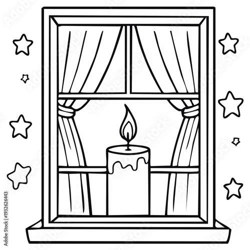 Window with Candlelight and Stars Outline Illustration for coloring book page, Christmas decoration, cozy home scene, winter solstice simple drawing