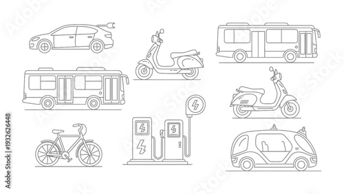 Urban Mobility: A collection of various modern transport options, including an electric car, a scooter, a bus, a bicycle, and a charging station.
