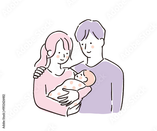 乳児を優しく見守る若い夫婦の笑顔のイラスト
