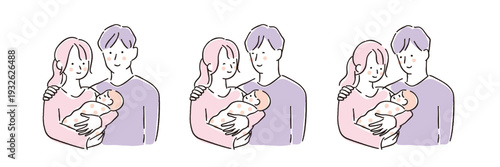 赤ちゃんを抱っこして微笑む幸せなパパとママのセット