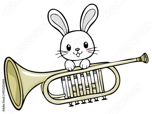 Adorable cartoon bunny holding a golden trumpet musical instrument