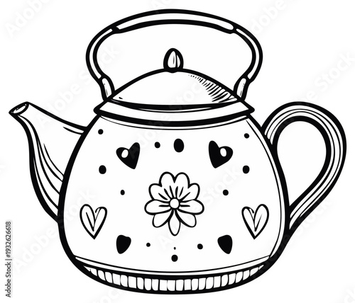 Detailed outline illustration of a decorative tea kettle showcasing intricate patterns including hearts and a flower emblem, perfect for coloring pages or craft projects