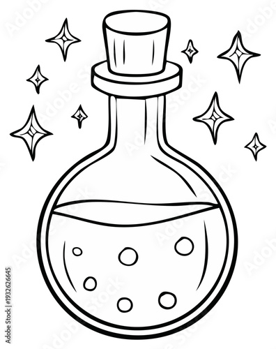 Magic potion bottle with cork and stars cartoon style outline illustration