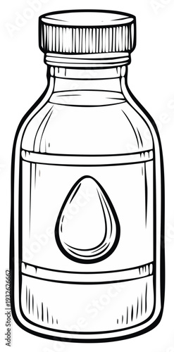 Hand drawn illustration of a glass bottle with a drop symbol on its label