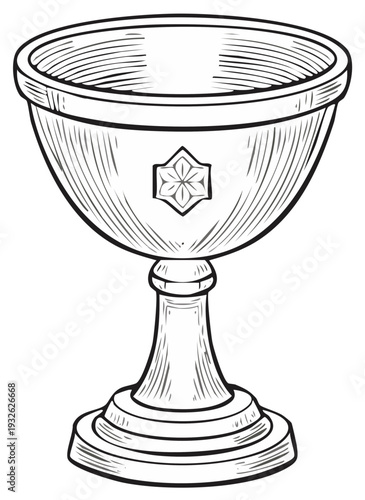 Vintage etched chalice illustration. Detailed religious vessel with ornate elements, isolated.