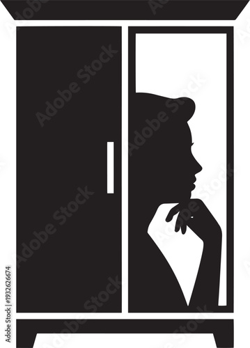 Silhouette of a pensive woman looking into open closet in a black and white illustration