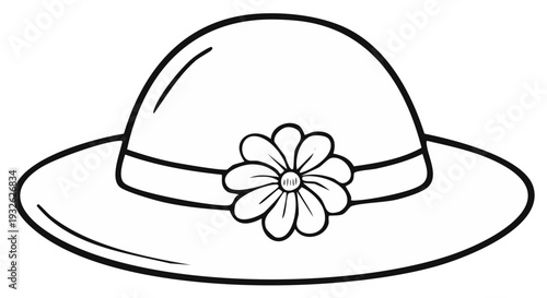 Line drawing of a wide brimmed sun hat with a flower decoration for coloring pages