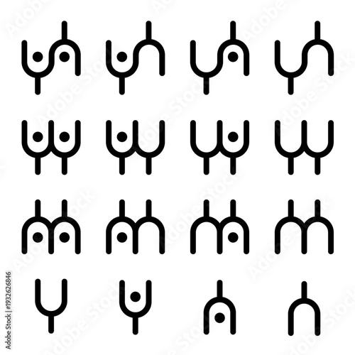 Collection of minimalist vector elements composed of rounded shapes and bold lines. These abstract pictograms feature geometric compositions that suggest stylized figures.