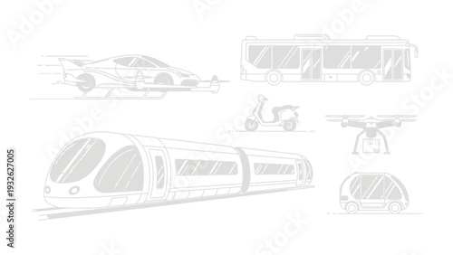 Transportation Mode: Future-forward design of transport methods showcase a modern depiction of mobility. It depicts the innovations of transport vehicles like train, bus, drone and car