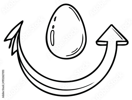 Egg Surrounded by a Curved Arrow Moving Upward Hand Drawn Conceptual Doodle. Sketch of Growth and Potential.