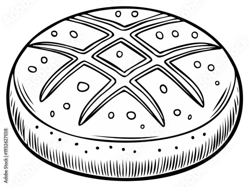 Ink drawing of a crusty round bread roll with a decorative diamond pattern.