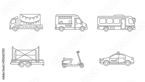 Vehicles Illustration: A collection of various vehicles illustrated in a clean, minimalist style, showcasing their diverse forms and functions.
