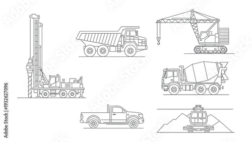 Construction Machines Line Art: A set of detailed line art illustrations of heavy construction vehicles, conveying the power and precision of engineering and industry.