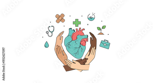 Vector illustration of hands holding a heart with medical symbols
