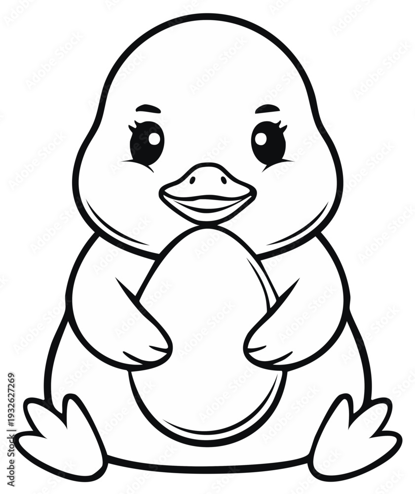 Obraz premium Cute penguin chick black and white vector line art, illustration, drawing for coloring page or book, children