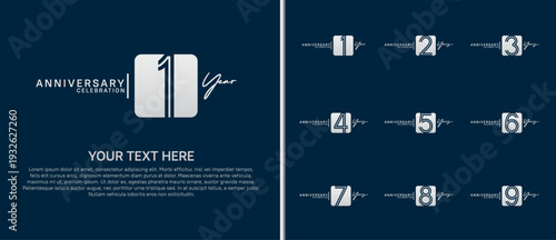 anniversary logo set with square. silver color on blue background for celebration moment
