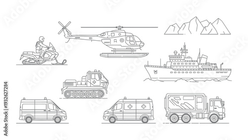 Transportation Line Art: A collection of various modes of transportation, from land to air to sea, each depicted in elegant line art, ready for creative application.