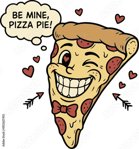 Retro Cartoon Pizza Slice with 'Be Mine, Pizza Pie!' Speech Bubble, Romantic Food Vector Art for Valentine's Day T-Shirt Design
