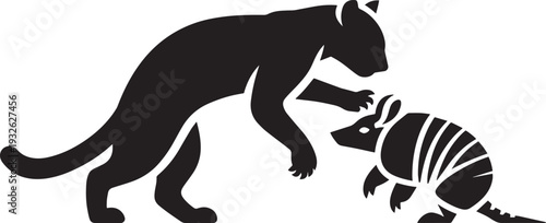 Silhouette of panther approaching armadillo in predatory interaction
