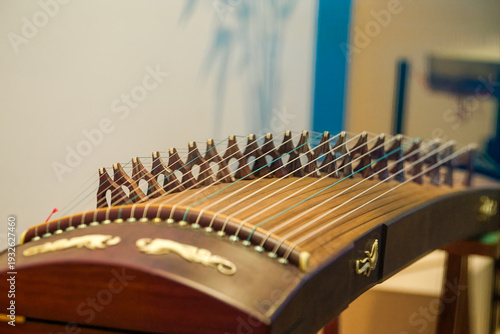 Close-up of traditional Chinese guzheng musical instrument
