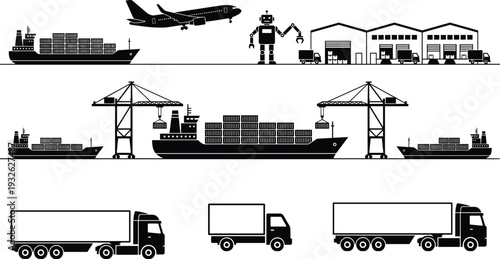 Global logistics and supply chain illustration featuring cargo ships, airplanes, warehouses, cranes and delivery trucks representing modern transportation network
