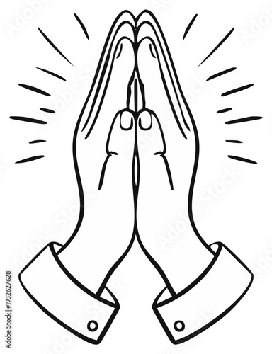 Illustration of hands in prayer position with emanating light lines for hope and devotion