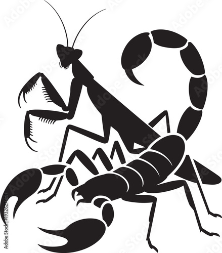 Silhouette of praying mantis and scorpion fighting isolated on transparent background