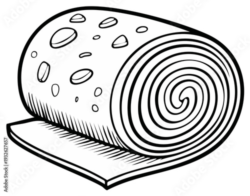 Black and white illustration of a rolled out Swiss roll cake dessert with cream and jam filling, swirl pattern, bakery design element, pastry illustration.