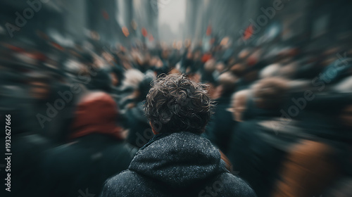 Rear view of a solitary person standing still in a fast moving city crowd, symbolizing anxiety, social isolation, overwhelm and mental health challenges in modern urban life and constant pressure