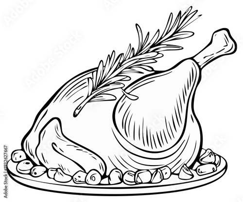 Delicious Roasted Chicken With Herbs and Potatoes Hand Drawn Illustration