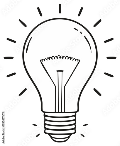 Hand drawn light bulb radiating illumination featuring filament and base for ideas or innovation concept with energy symbol