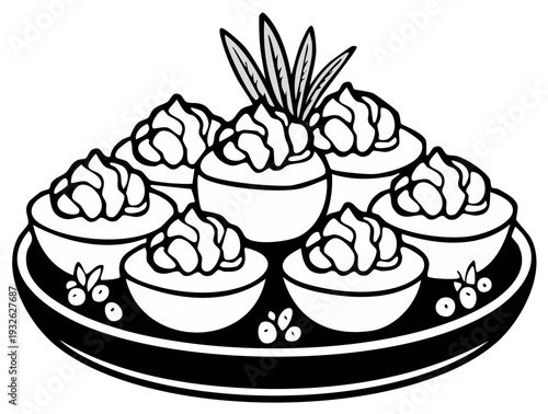 Whimsical illustration of a platter filled with decorative deviled eggs garnished with herbs and berries
