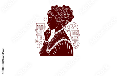 Ada Lovelace Computing Pioneer Silhouette, Victorian History Vector Sticker, Women in Tech and Math STEM Illustration