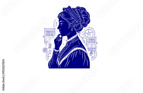 Ada Lovelace Computing Pioneer Silhouette, Victorian History Vector Sticker, Women in Tech and Math STEM Illustration