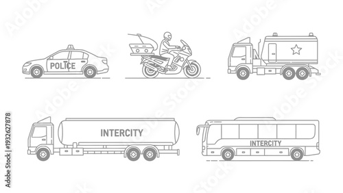 Transportation Array: A comprehensive illustration showcasing various modes of transportation, from police car to bus, highlighting the essential vehicles that keep cities and highways in motion.