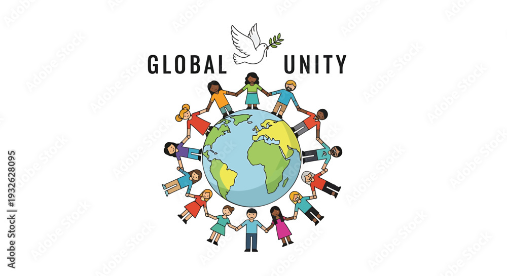Naklejka premium Vector illustration of diverse people holding hands around the globe with dove