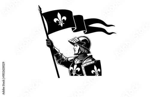 Joan of Arc Knight Silhouette with Banner, Medieval French Heroine Vector Sticker, Women in History Courage Illustration