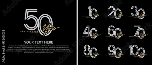 anniversary logo set with handwriting. white and brown color on black background for celebration moment