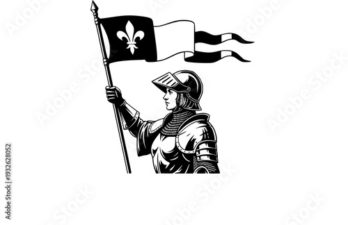 Joan of Arc Knight Silhouette with Banner, Medieval French Heroine Vector Sticker, Women in History Courage Illustration