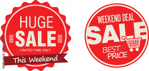 A couple of red sale signs on a white background
