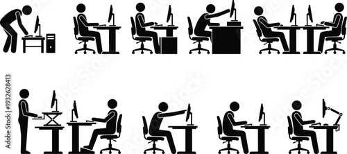 Office workplace ergonomics icon set showing employees using computers, adjustable desks and healthy sitting postures promoting productivity and comfort