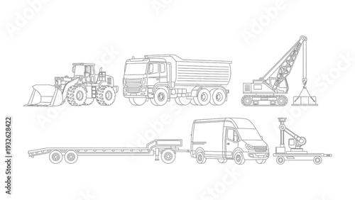 Construction Vehicles Lineup: A detailed black and white illustration of various construction vehicles, each meticulously drawn to highlight their unique characteristics and functionalities.