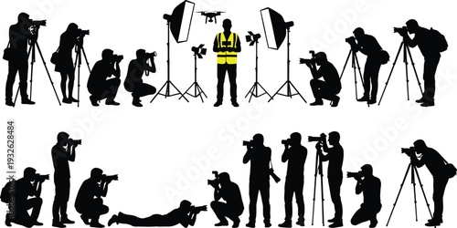 Photography team silhouette collection featuring photographers with cameras, studio lighting equipment and professional photo shoot production and media coverage