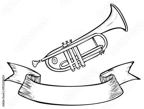 Illustration of a trumpet and ribbon banner in black and white style.