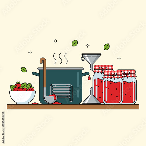 Flat Vector Illustration of Homemade Jam Canning Scene