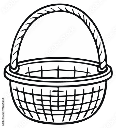 Outlined Cartoon Basket with Handle for Shopping or Picnic in Black and White Style