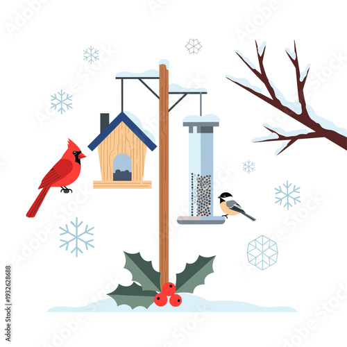 Modern Winter Bird Feeding Station Flat Vector Illustration