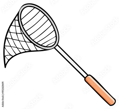 Cartoon Illustration of a Fishing Net with Wooden Handle
